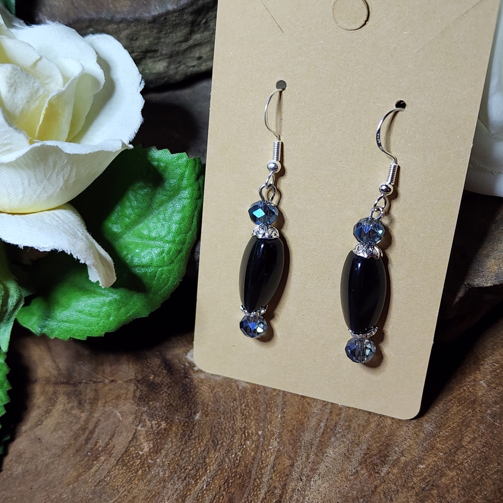 Hand Crafted Black, AB Blue and Silver Toned Dangle Earrings